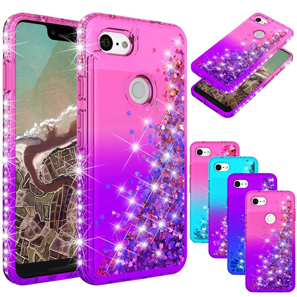 

Bling Phone Case For Google Pixel 3a XL Quicksand Liquid Sequin Glitter Diamond Hard Clear Back Cover Thin Slim Transparent cute