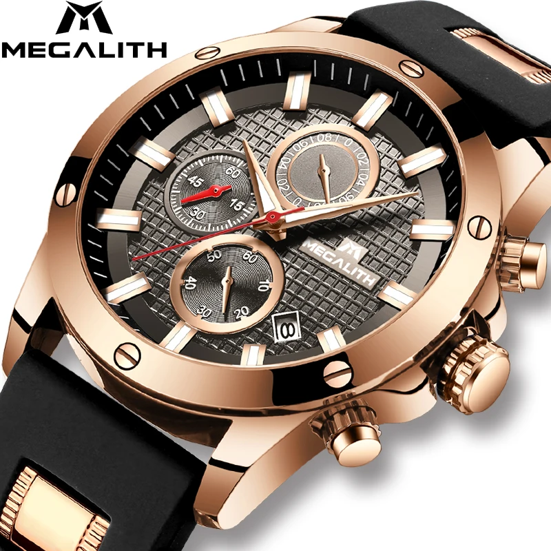 Ceny MEGALITH moda Chronograph mężczyźni zegarki data silikonowy pasek sportowy zegarek kwarcowy mężczyźni Luminous wodoodporny zegar Relogio Masculino