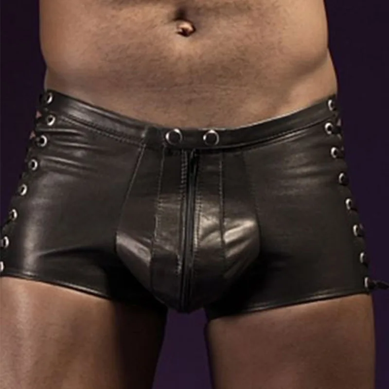 

Men's Sexy Panties Black Faux Leather Boxer Shorts Stage Performance Novelty Lace Up Rivet Zipper Briefs Bandage Shorts