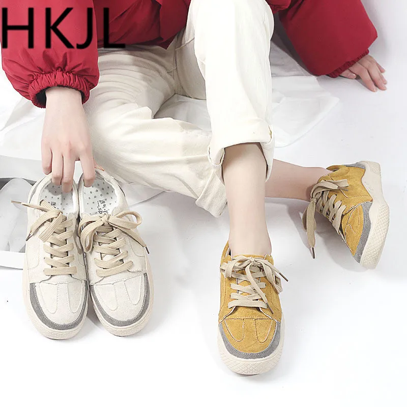 

HKJL Lady's flat shoes 2019 spring new style all-in-one student Korean version gang-style lace casual white soft bottom A535