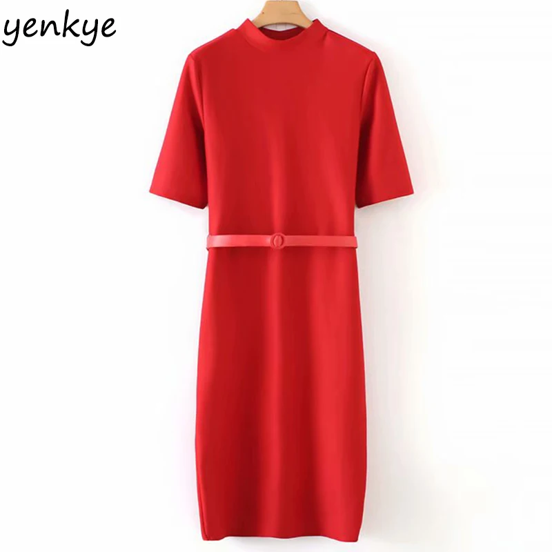 الربيع 2019 النساء مع حزام مستقيم اللباس سيدة أنيقة عالية طوق قصير كم ميدي Bodycon اللباس XZWM18172
