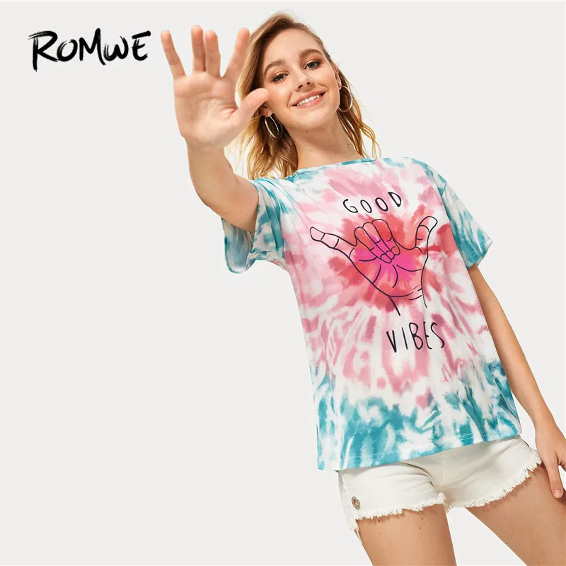 

ROMWE Graphic Letter Print Fashion Multicolor Tie Dye Streetwear Women Top Tees Round Neck Short Sleeve Stretchy Summer T Shirts