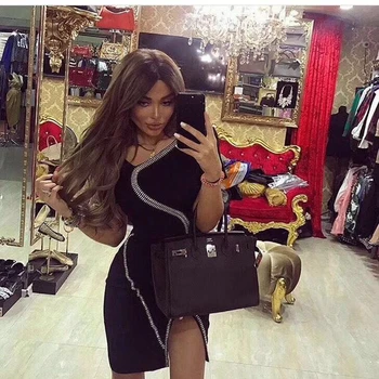 

2019 Newest Elegant High Quality Black Beading Bandage Dress Chic Autumn Sexy Women Short Sleeve Celebrity Vestidos Clubwear