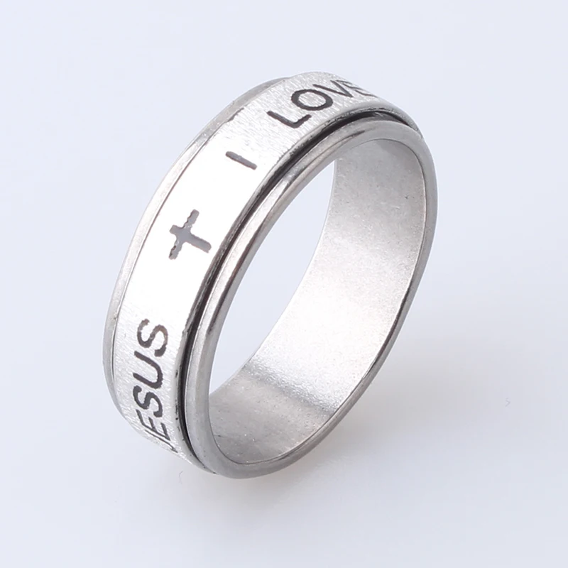 

free shipping 7MM I LOVE JUSES Cross rotation 316L Stainless Steel finger rings for women men wholesale