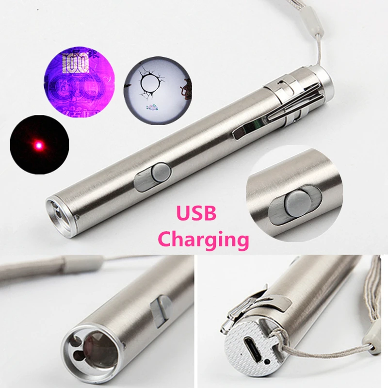 

3 in1 500LM Mini USB Flashlight Aluminium Alloy USB Rechargeable LED Laser Teach & UV Torch Pen & Flashlight Multifunction Lamp