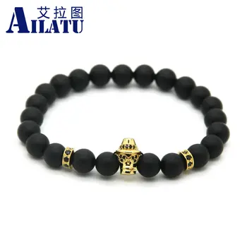

Ailatu Wholesale 10pcs/lot 8mm Black Matte Onyx Stone with Micro Pave Black Zircons Music Cigaratte Skeleton Skull CZ Bracelets