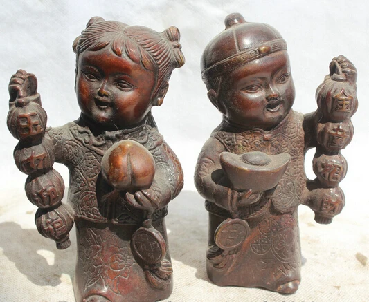 

JP S0524 6" Chinese Bronze stand Wealth Lantern peach Tong Zi Boy girl moppet Statue Pair (B0413)
