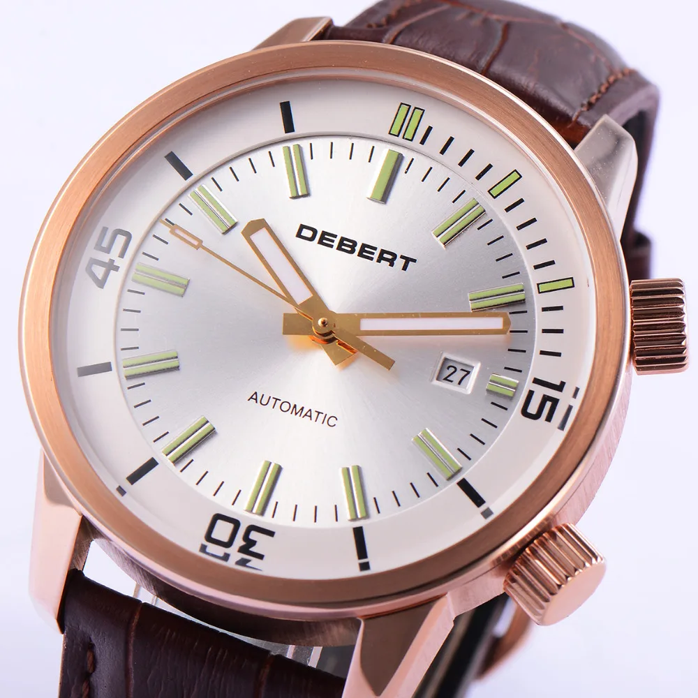 

44.5mm DEBERT White Dial reloj hombre 2018 Leather Straps Rosegold Case luxury brand Double Crown Mechanical Men Automatic Watch