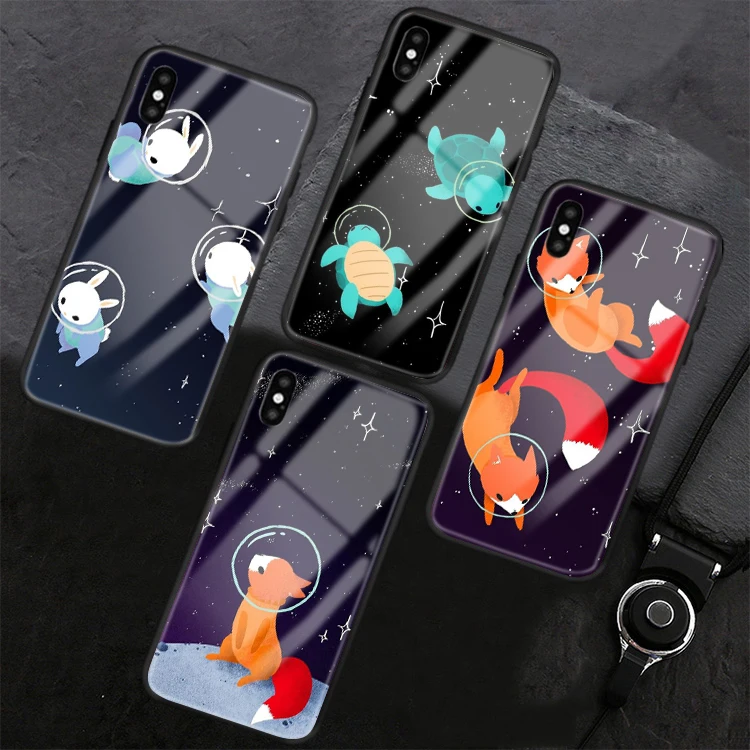 Tempered Glass phone case Space Turtles for iPhone X XR XS Max 8 7 6s Plus Space Foxes Bunnies cover for Samsung s8 s9 plus s7