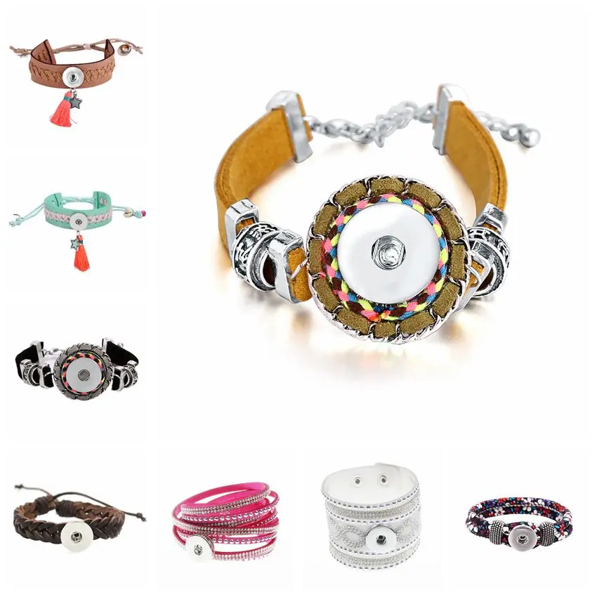

Boho Leather Bracelets for Women Men Handmade Adjustable Buttons Snap Bracelet fit 18mm/20mm DIY Snap Buttons