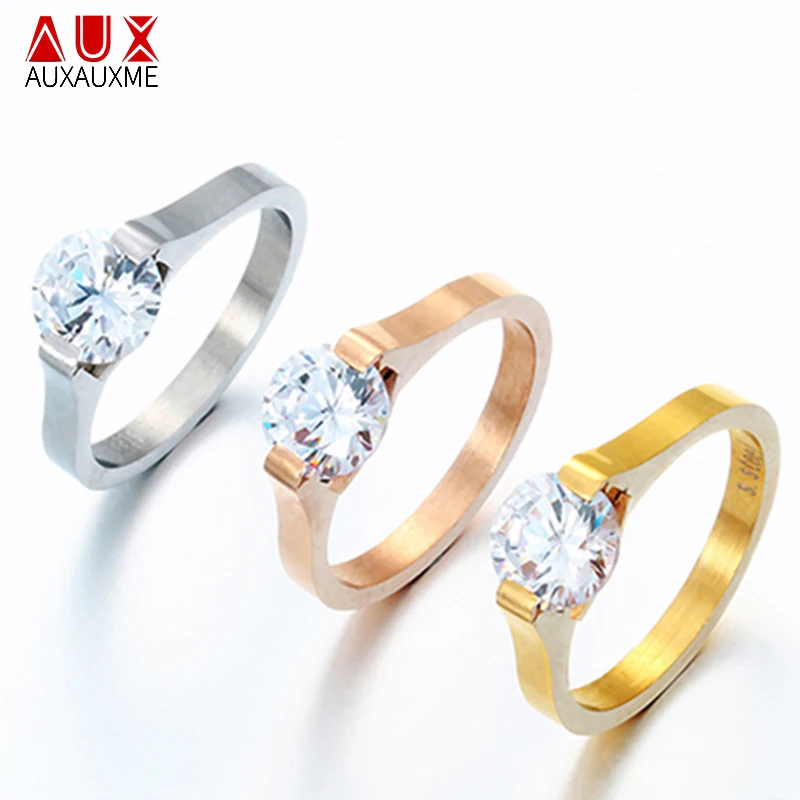Auxauxme Блестящий кубический циркон обручальное кольцо для женщин розовое золото из нержавеющей стали Романтические кольца для помолвки ювелирные изделия для влюбленных