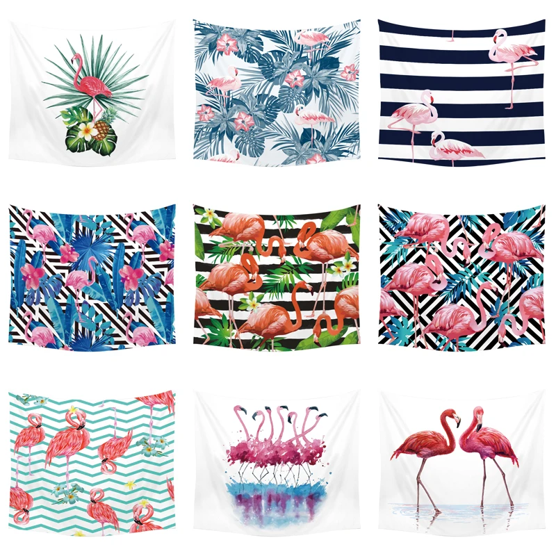 

Pink Flamingo Tapestry Fabric Tropical Fruit Plant Artificial Green Leaves Garden Flower Wall Hanging Decorations Beach Towel