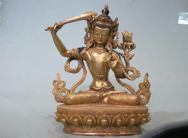

9"Tibet Temple 100% Bronze 24K Gold manjusri Bodhisattva Kwan-Yin Buddha statue