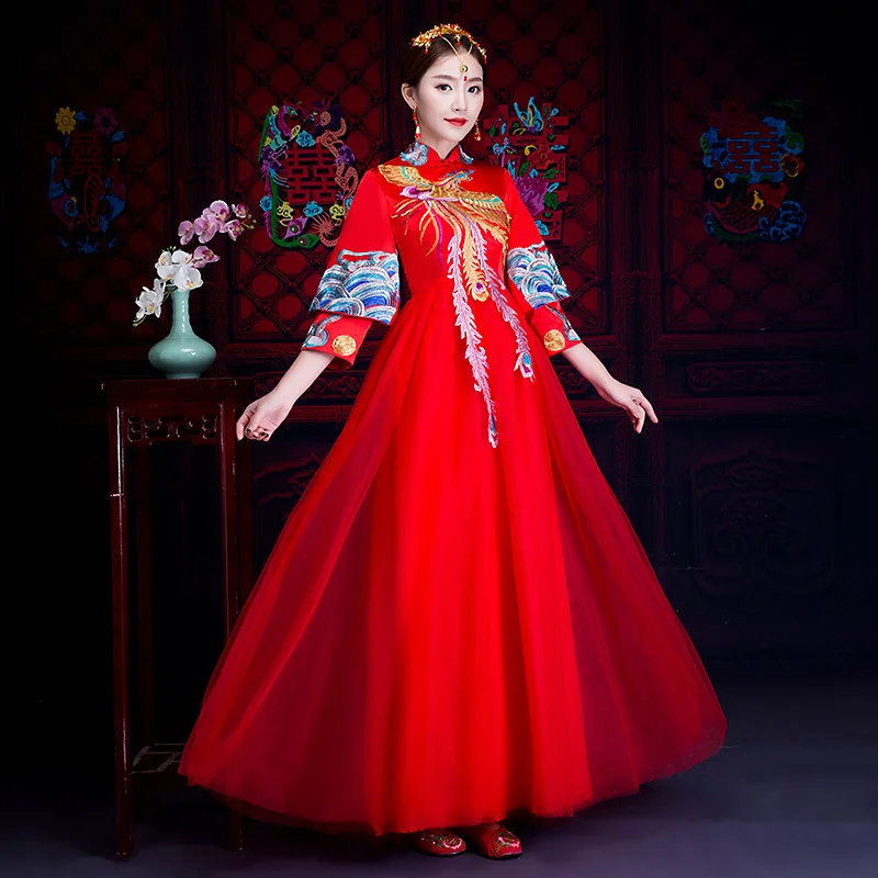 Красный Традиционный китайский платье Новый Свадебное платье Феникс Модные Vestido Oriental Стиль платья Элегантный Китай Qipao