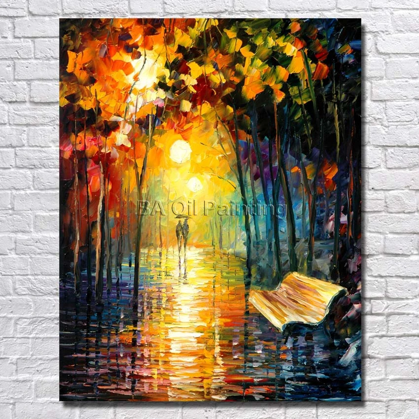 Paintings For Living Room Wall 100% Handpainted Night Light Street Landscape Scenery Canvas Knife Palette Painting Home Decor | Дом и сад