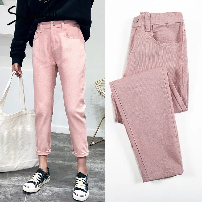 

high waist jeans woman harem jeans Pink beige brown black plus size 32 mom pants jeans for women 2019 new spring elastic waist