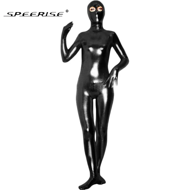 

SPEERISE Adult Women Shiny Metallic Eyes Open Black Zentai Suit Men Full cover Second Skin Full Body Tights Halloween Costumes