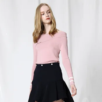 

pink a word shoulder turtleneck sweater women Korean style pull fem me 2019 autumn winter knitwear over plus size Slim Top