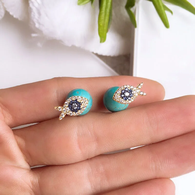 SLJELY Настоящее серебро 925 проба желтый золотой цвет на удачу рыбий глаз серьги-гвоздики с кубическим цирконием женские роскошные ювелирные изделия