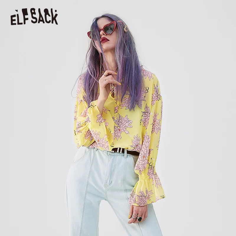  ELFSACK Vintage Floral Print Women Blouses Fashion Ruffles Butterfly Sleeve Female Shirts 2019 Summ