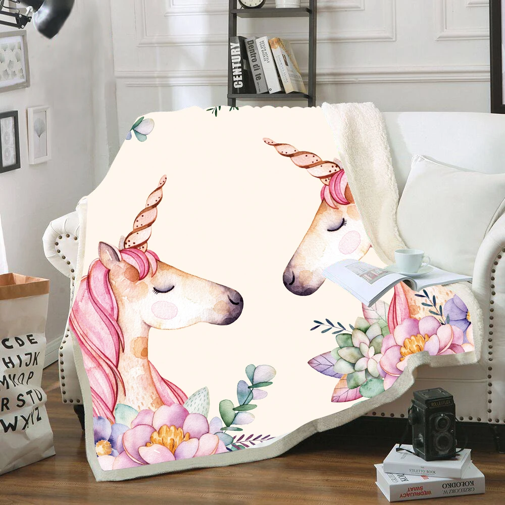 Unicorn Cartoon Pink Velvet Plush Throw Blankets for Kid Adults Sherpa