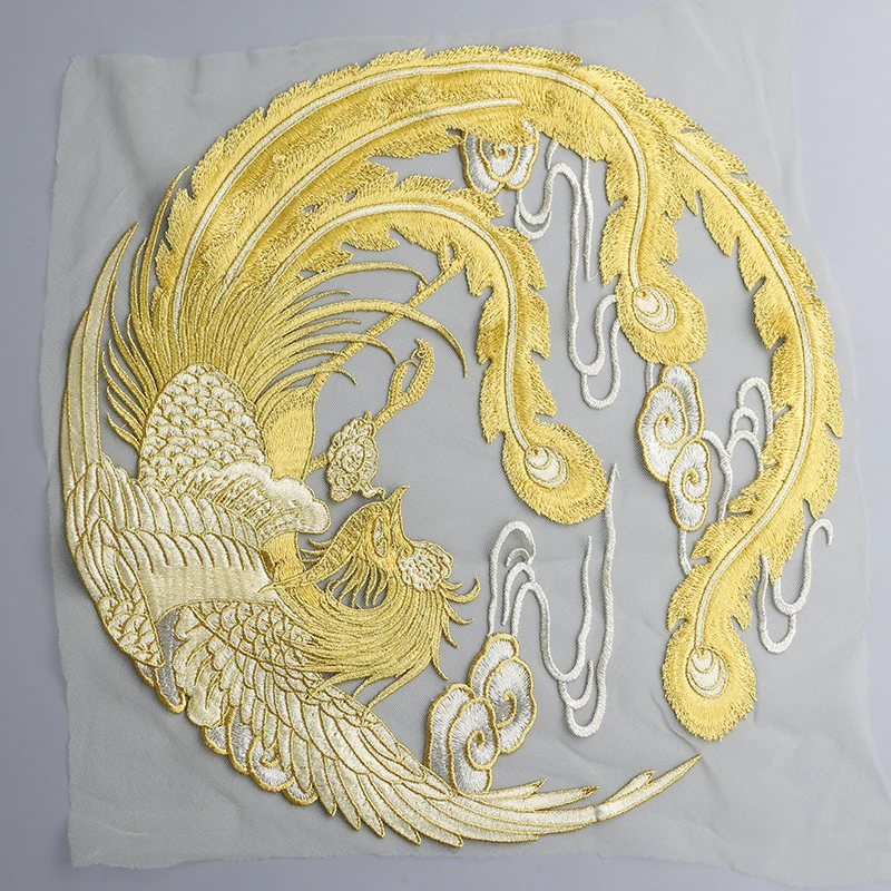 Chinese style round gold Phoenix mesh embroidery lace patches Applique for DIY dress 31cm - Цвет: cream A