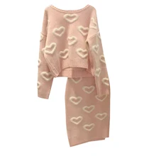 Winter Women Knitted Skirt Set 3D Heart Pattern Long Sleeve Sweater Knitting Pullovers + Midi Skirt Fashion Female 2 Piece Set