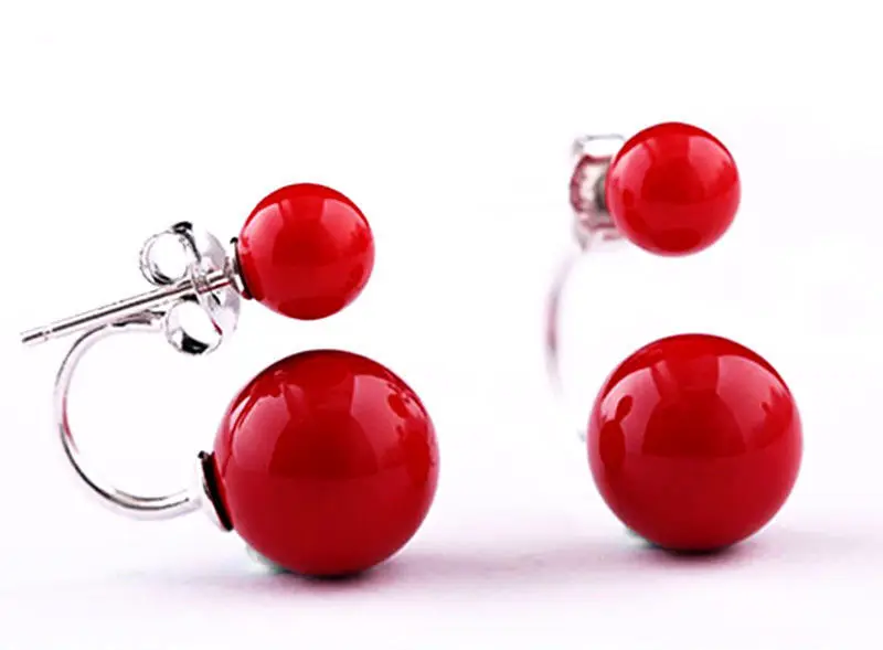 

Hot sale new Style >>>>New Pair Double Coral Red South Sea Shell Pearl Sterling Silver Earrings