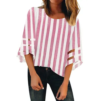 

womens blouses and tops Summer Stripe Prints O Neck Mesh Panel Blouse 3/4 Bell Sleeve women shirt blusas de mujer verano 2019