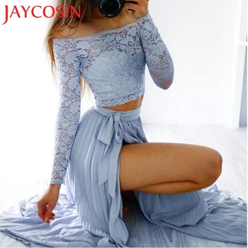 

2020 New KLV Women Lace Long Sleeve Summer Tops+Chiffon Formal Party Cocktail Long Skirt Hot Dropshipping 25p