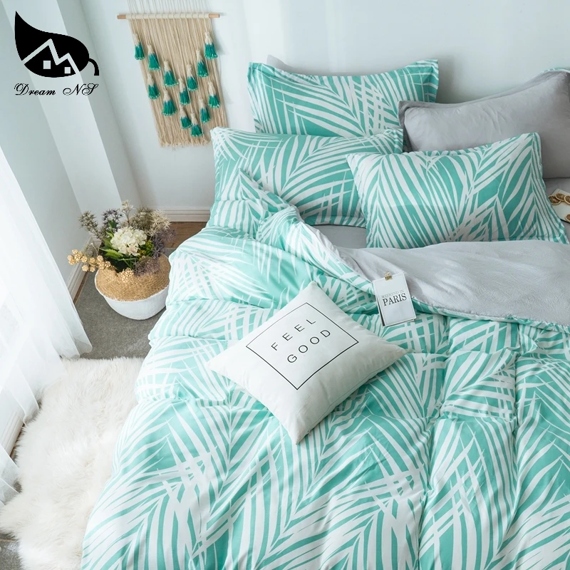 Dream NS зеленый стираный хлопковый комплект постельного белья для белых листьев, постельное белье, наволочка, теплый мягкий домашний текстиль для спальни, гостиной