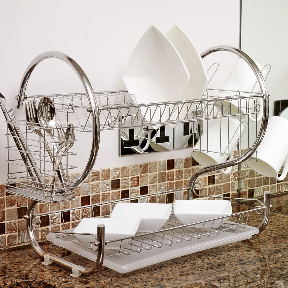 

2 Tier Iron Chrome Multifunction Bowl Plate Dish Cup Cutler Drainer Storage Shelf Rack Organizer Holder Kitchen Storage Tool #5