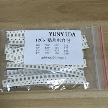 Kit assorted capacitor 1206 smd, 16 valores * 20 pçs = 320 peças 10pf-22uf, kit de amostras