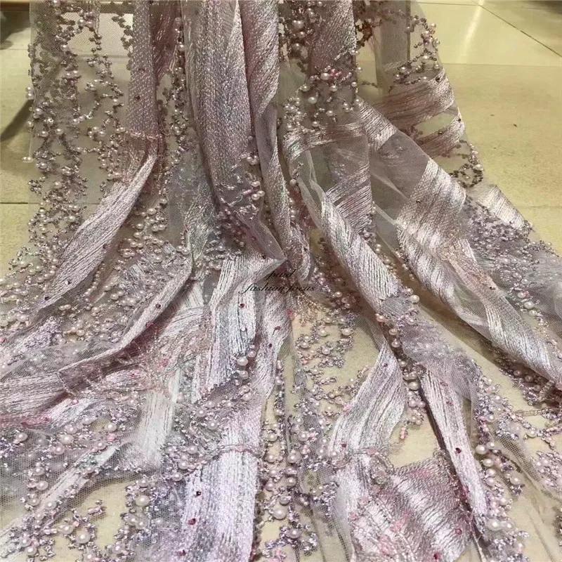 

beaded pearl tulle lace fabric haute couture beaded work embroidery lace fabric elegant fine tulle bridal wedding lace
