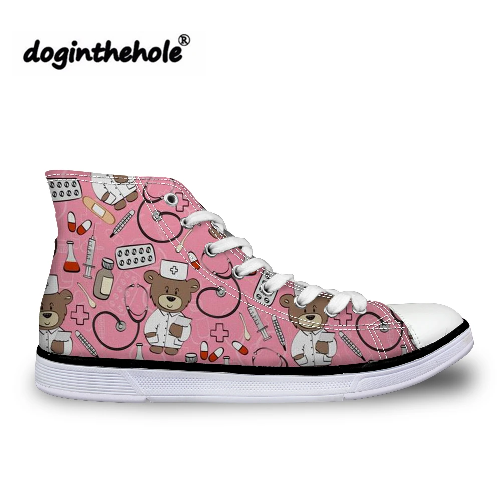 

doginthehole Vulcanized Shoes Women High Top Canvas Shoes for Girls Cartoon Bear Nurse Printing Flats Teenagers Cute Sneakers