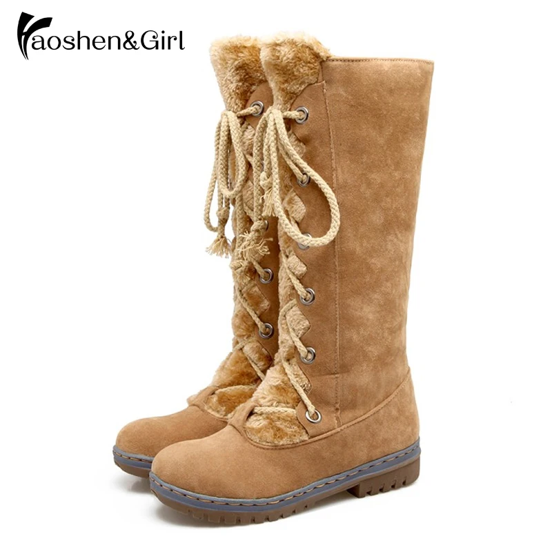 

Haoshen&Girl Women Knee Boots Long Boot Warm Shoes Winter Autum Flat Botas Mujer Snow Boots Fur Fashion Round Toe Shoes Boots