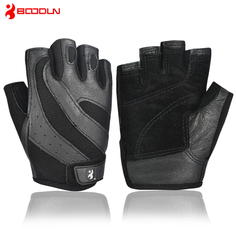 Men Professional Gym Gloves Women Mesh Fabric Pigskin Leather Palm