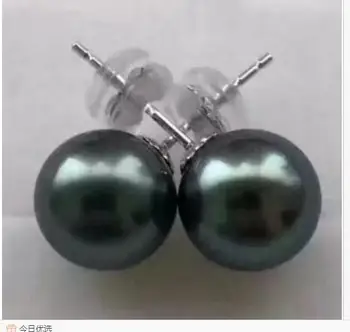 

gorgeous 10-11mm tahitian round black green pearl earring 18k
