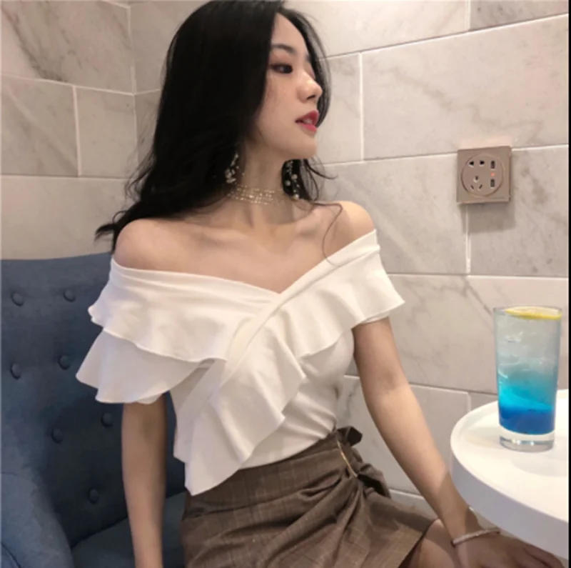 

Low collar white T-shirt female summer short-sleeved V-neck slim sexy strapless wild shirt half-sleeved t-shirt female tide