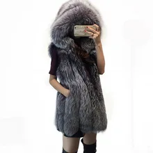 new fashion faux silver fox mink fur vest with hooded women winter slim super long fake fur coat Sleeveless vests female jackets
