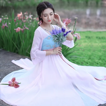 

Women Hanfu Chiffon dress girl Summer dress Thin Vintage Embroidery Dance Dress Flare Sleeve A-Line dresses vestiods