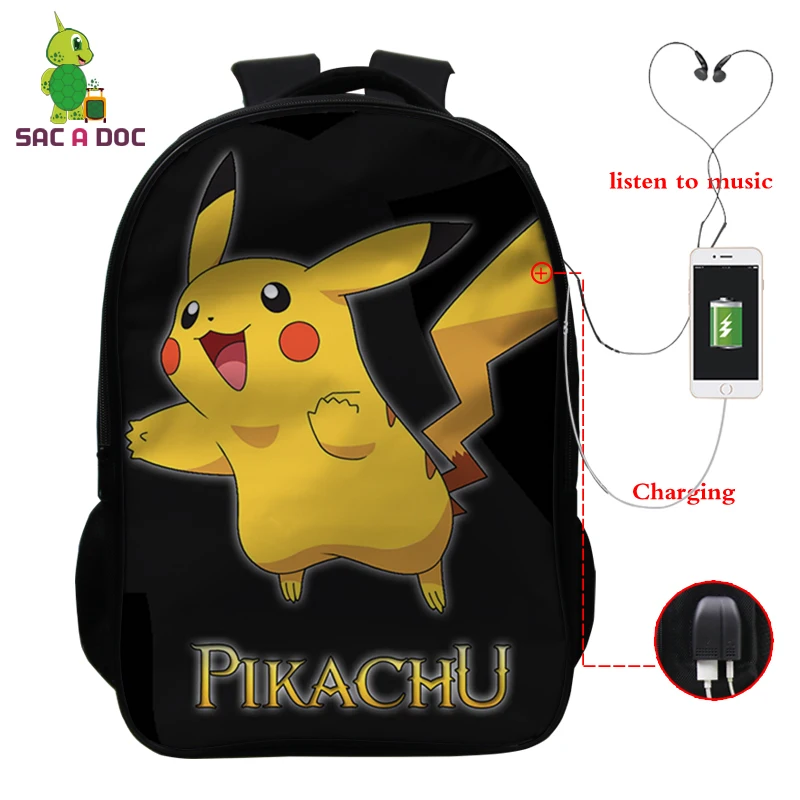 

16 inch Children School Bags Pikachu Printing Backpack bag for Teenage Girls Boys Schoolbags USB Charger Pokemon Lock Bookbag