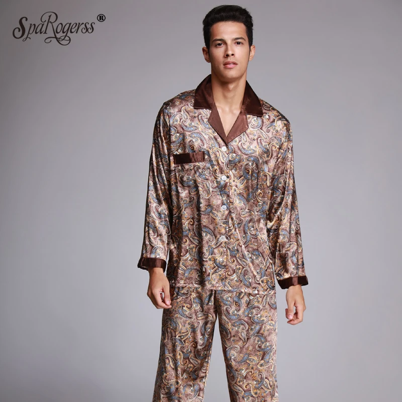 Fashion Men's Pajamas Sets Autumn New Faxu Silk Sleepwear Cozy Home ...