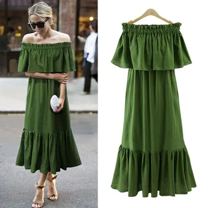 Tanie Ordifree 2019 kobiety wzburzyć długa, maksi sukienka letnia Sundress Swing sukienek Sexy Off ramię Stretch luźna sukienka vintage