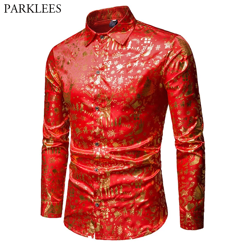 Red Christmas Shirt Men 2018 Fashion 3D Christmas Tree Printed Shirt Men's Christmas Dress Shirts