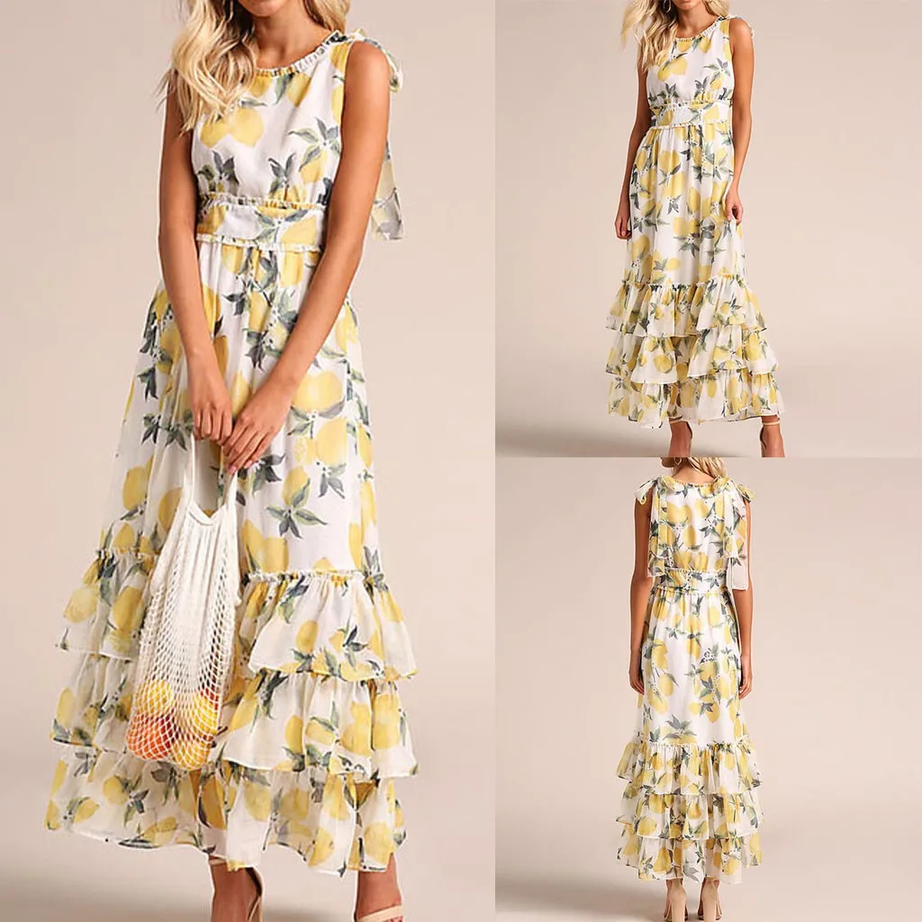 

Fashion Women Sexy Sleeveless Ruched Ruffled Flounce Lemon Print Party Dress