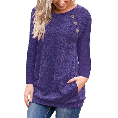 Новинка, осенняя женская футболка, одноцветная, с круглым вырезом, с длинным рукавом, с карманами, Повседневная футболка, топы размера плюс, женская Трикотажная хлопковая футболка - Цвет: WQ043 Purple Blue