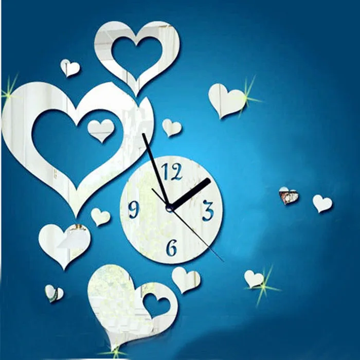 Best Sliver Love Heart Shaped Hanging Clock Time Wall Sticker DIY Mirror Wall Clock Wallpaper Mural Decals Backdrop Home Accessories