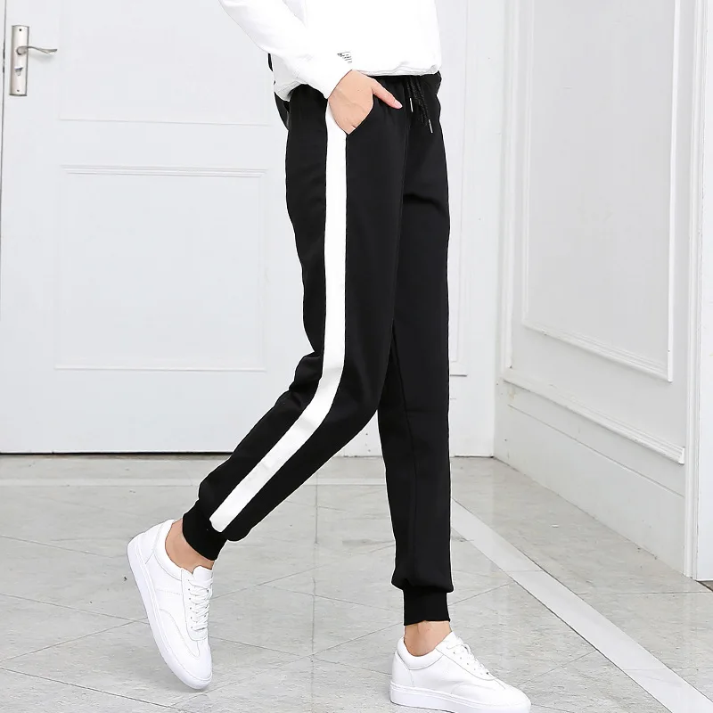 

New lady Side White Drawstring bar Straight Wide leg Pants loose Student Casual Trousers Waist Skinny Pants Sideseam Sweatpants