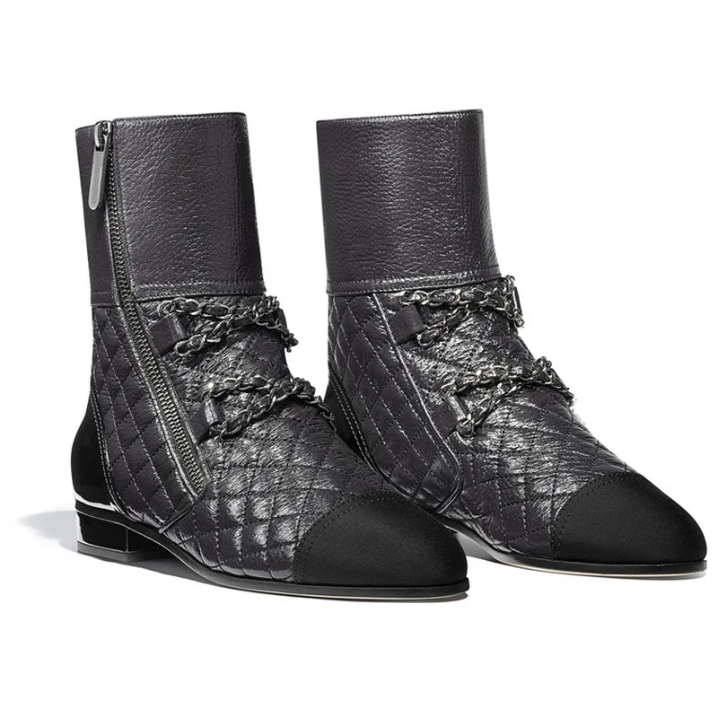 Fermetures Véritable Courtes Noir Tendance Décoratives Bottes Tube Diamant Vérifier blanc Chaînes Éclair De Talons Chelsea Bottines Chaussures En Faible Cuir EII7g